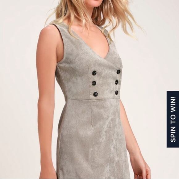 Lulus Benton Light Grey Corduroy Button-Up Sleeveless Mini Dress Deep V Sz Large - Picture 2 of 12